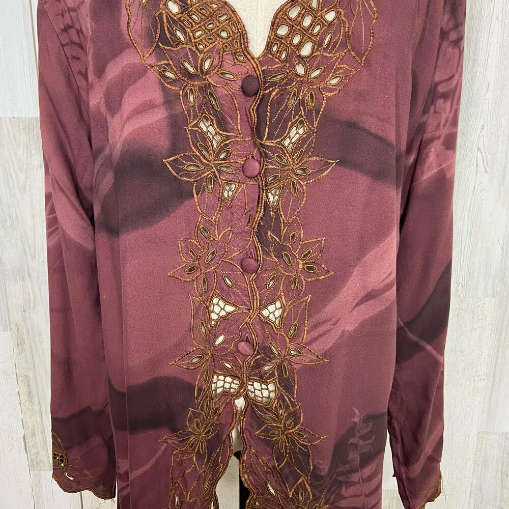 Papillon Embroidered Blouse Brown Tie Dye Button Front Boho Fairy Size M - Picture 2 of 8
